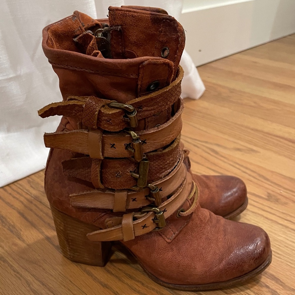 AS98 Airstep Brown Leather Multi Buckle Heeled Ankle Boots Moto Size 36